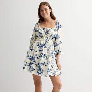 Mary & Mo Blue White Floral Tiered Skater Dress XS tie Front 3/4 Sleeves Boho